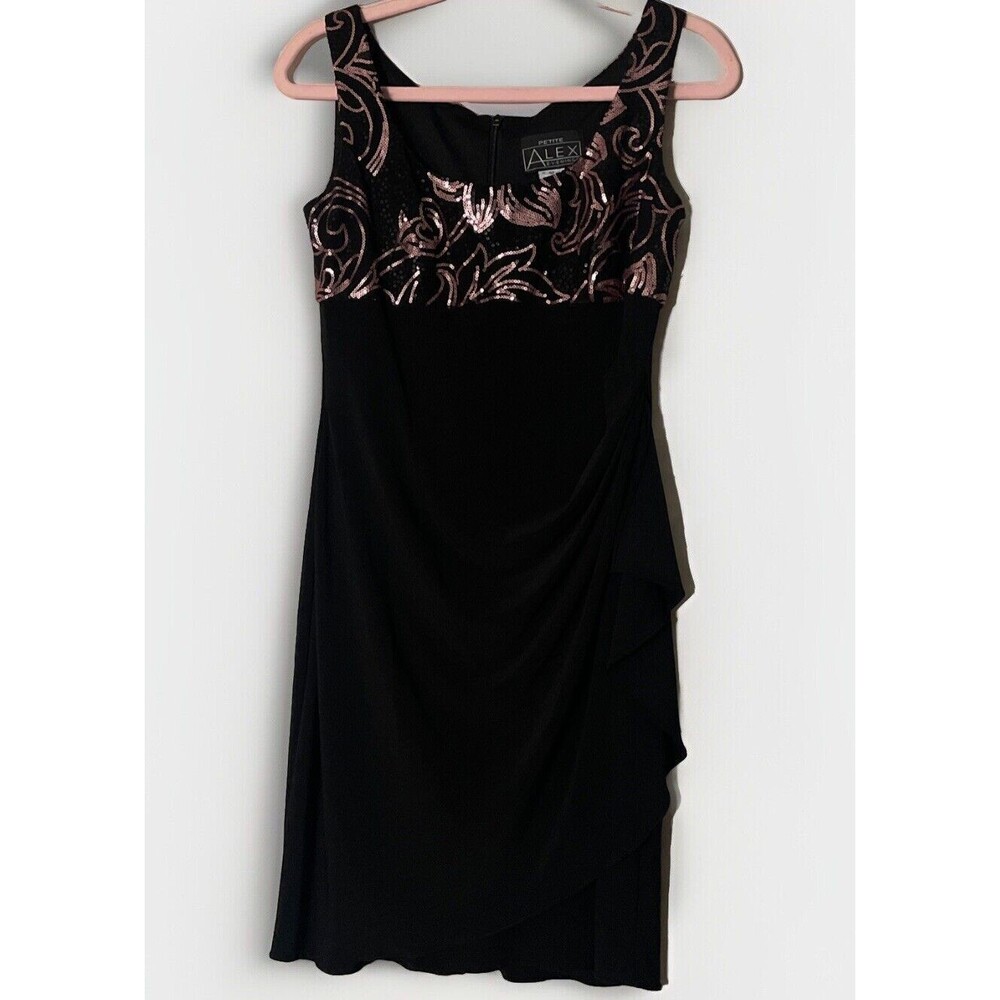 Alex Evenings Empire Waist Sequin Cocktail Dress Pink Black Size 4Petite Event